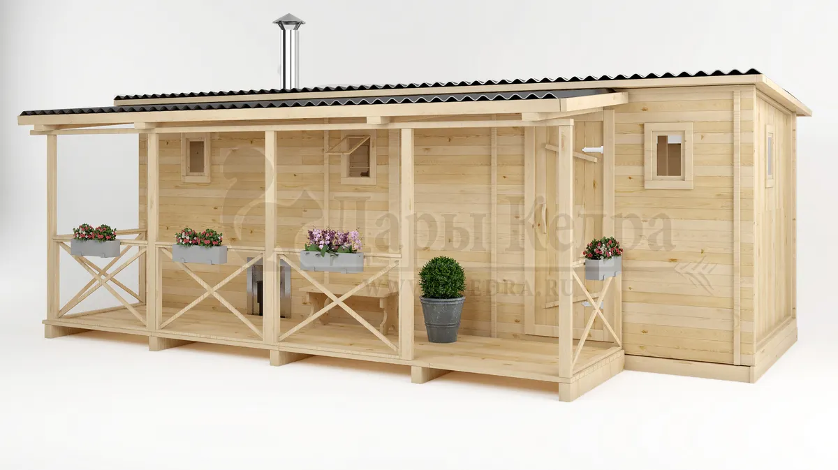 Каркасно-щитовая баня из кедра «Мега» с верандой